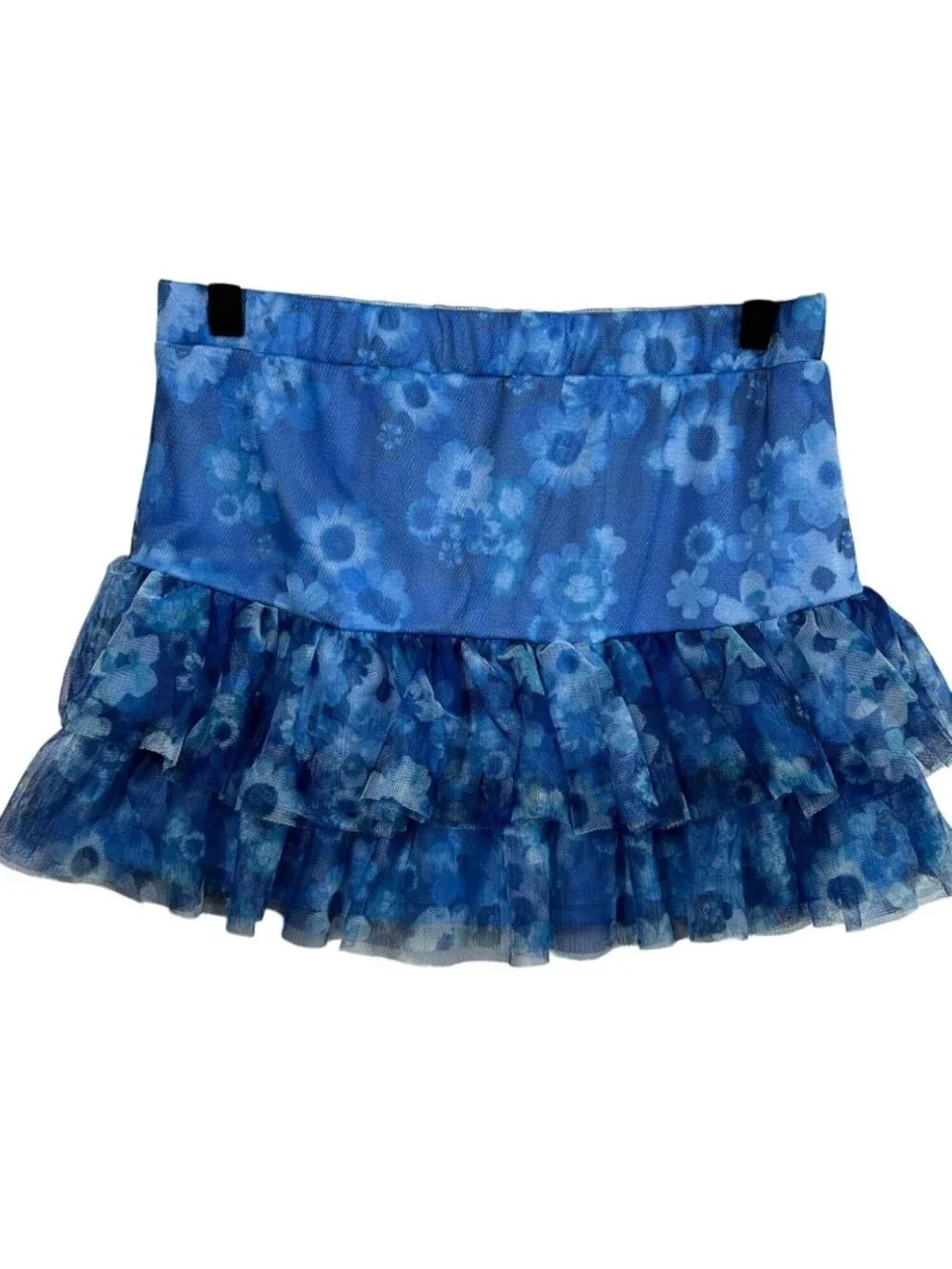 Justice Girls Size 14 Blue Floral Tiered Mesh Ruffle Pull-On Skirt